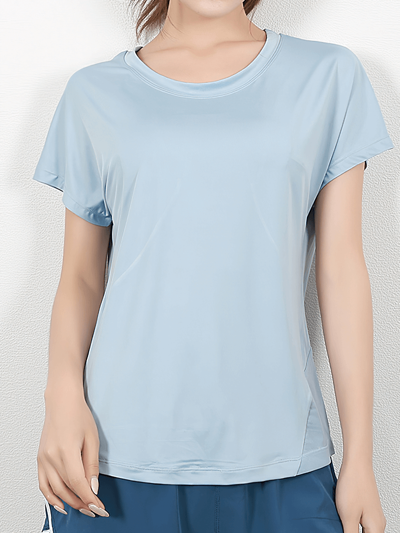 Light blue short sleeves mesh loose yoga T-shirt for women, featuring breathable fabric and stylish design, perfect for active lifestyles.